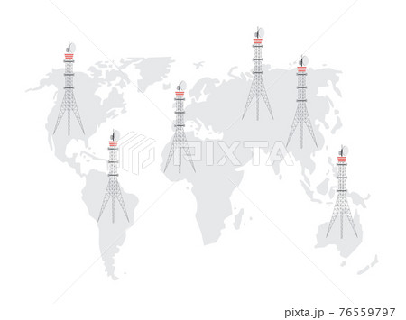Telecommunication tower network on world map, global connection 76559797