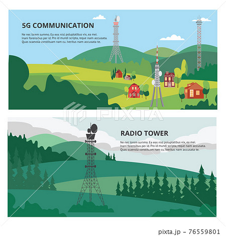 Set banners with 5G communication and radio towers flat vector illustration. 76559801