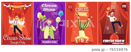 Circus show invitation posters collection with clowns flat vector illustration. 76559976