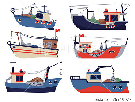 Vector Set Of Fishing Ships Boats And Vessels のイラスト素材