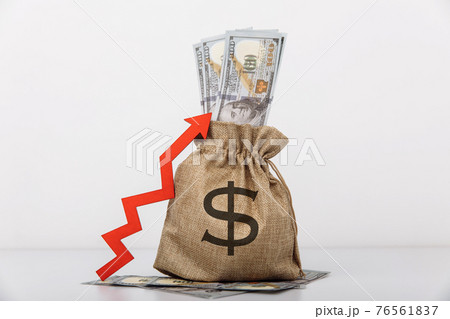 Money bag with dollar sign and red arrow up. Influx of investment and capital, increase of wealth Money bag with dollar sign and red arrow up. Influx of investment and capital, increase of wealth 76561837