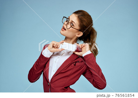 Business woman red jacket business card official glasses blue background 76561854