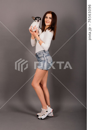 Woman and dog. Man and animal. Brunette holding chihuahua in the studio on a grey background. Woman and dog. Man and animal. Brunette holding chihuahua in the studio on a grey background. 76563096