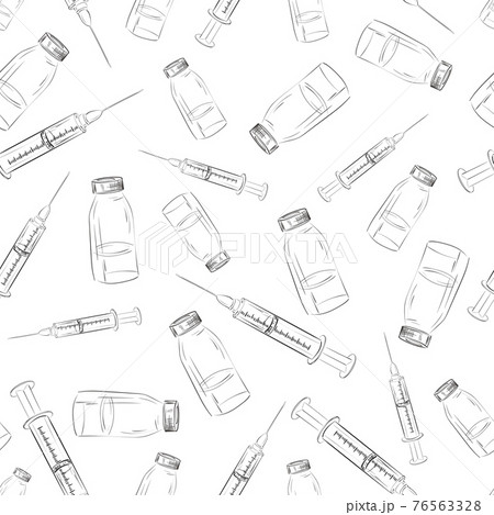 Hand drawn seamless pattern with medicine bottle and syringe. Theme of vaccination, health, medicine for people and animals. Medical background. Vector 76563328
