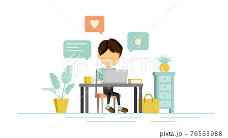 自宅でPC作業をする人物のイラスト	 76563988