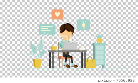 自宅でPC作業をする人物のイラスト	 76563988