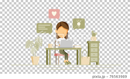 自宅でPC作業をする人物のイラスト	 76563989