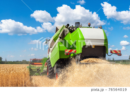 Scenic back view Big powerful industrial combine harvester machine reaping golden ripe wheat cereal field on bright summer or autumn day. Agricultural yellow field machinery landscape background 76564019