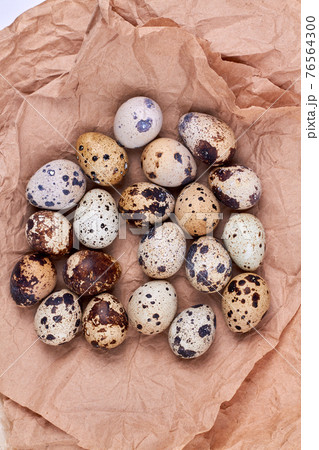 Many small quail eggs on a beige crumpled paper. Many small quail eggs on a beige crumpled paper. 76564300