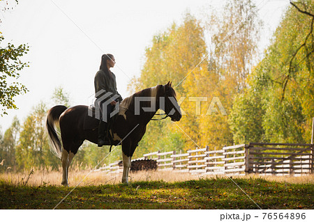 A young girl on horseback came out of the woods to the paddock on the farm and stopped A young girl on horseback came out of the woods to the paddock on the farm and stopped 76564896