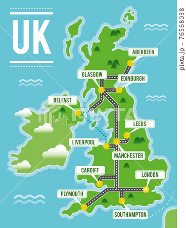 Cartoon vector map of United Kingdom. Travel illustration with british main cities. 76568038