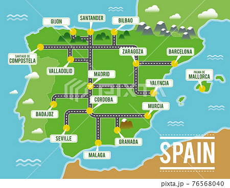 Cartoon vector map of Spain. Travel illustration with spanish main cities. 76568040
