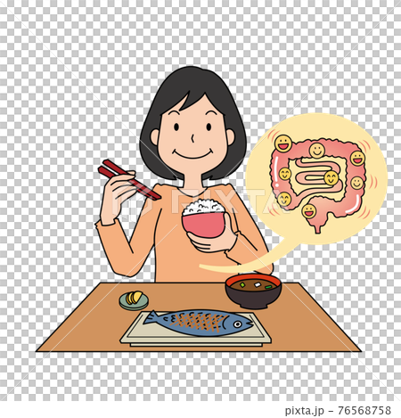 朝ごはんを食べて腸を元気にするイメージのイラスト素材