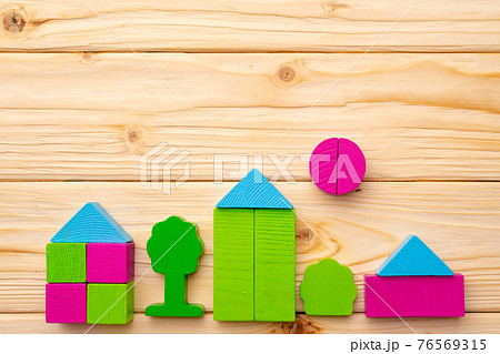 Multicolored details of toy constructor top view 76569315