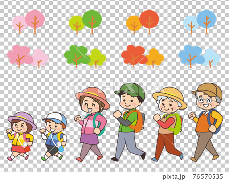 ハイキングをする家族 四季のイラスト素材