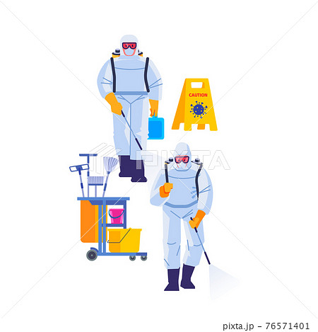COVID-19 Coronavirus disinfect. Disinfecting workers wear protective masks and spacesuits against pandemic coronavirus or covid-19 sprays. Cartoon style vector illustration isolated background 76571401