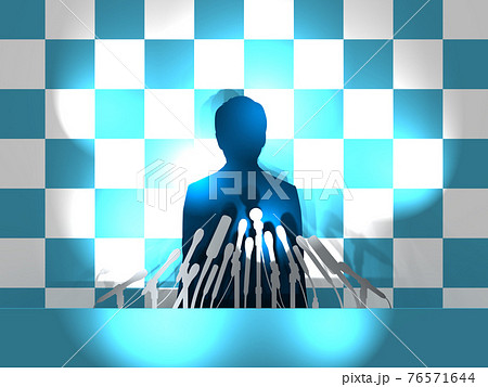 記者会見　フラッシュを浴びる男性シルエット横　CGイラスト 76571644