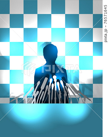 記者会見　フラッシュを浴びる男性シルエット縦　CGイラスト 76571645