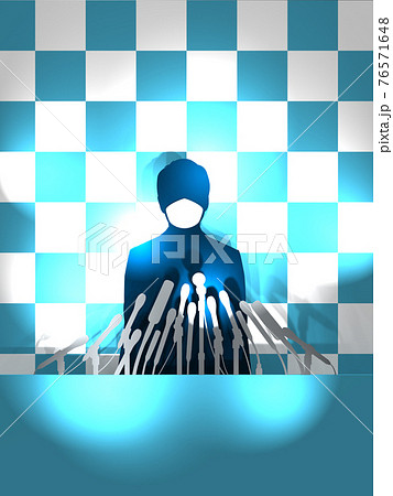 記者会見　フラッシュを浴びる男性シルエット　マスク姿縦　CGイラスト 76571648