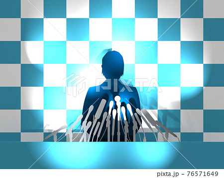 記者会見　フラッシュを浴びる女性シルエット横　CGイラスト 76571649