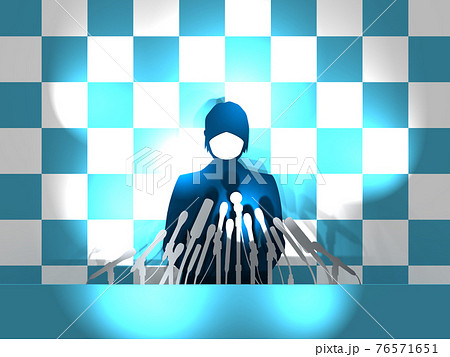 記者会見　フラッシュを浴びる女性シルエット　マスクあり横　CGイラスト 76571651
