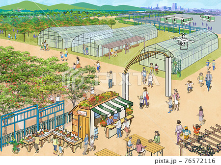 観光農園の鳥瞰図-収穫体験に訪れる観光客 76572116