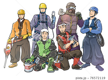 おしゃれな建設作業員6人チームのイラスト素材 おしゃれな建設作業員6人チームのイラスト素材