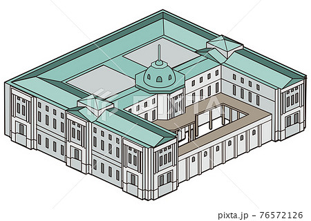 斜め上から見下ろした日本銀行の建物形状のイラスト素材