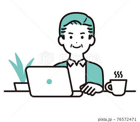 私服でパソコンで作業をしているビジネスパーソンのイラスト　中年の男性 76572471