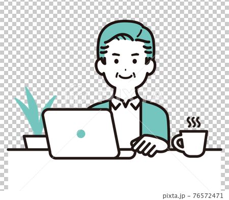 私服でパソコンで作業をしているビジネスパーソンのイラスト　中年の男性 76572471