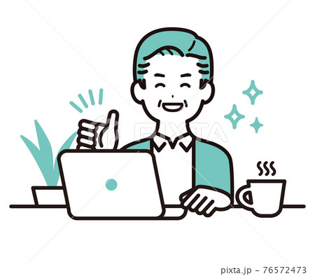私服でパソコンで作業をしているビジネスパーソンのイラスト　中年の男性　笑顔 76572473