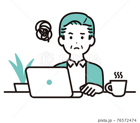 私服でパソコンで作業をしているビジネスパーソンのイラスト　中年の男性　困る・悩む 76572474