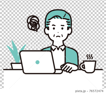 私服でパソコンで作業をしているビジネスパーソンのイラスト　中年の男性　困る・悩む 76572474