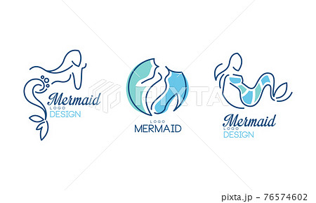Mermaid Logo Design with Aquatic Creature Having Fish Tail Vector Set 76574602