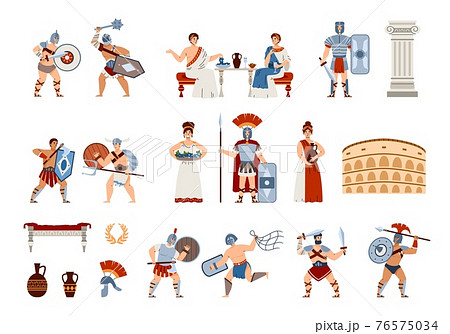 Ancient Rome citizens and culture symbols, cartoon vector illustration isolated. 76575034