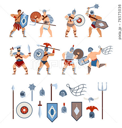 Set of gladiators warriors and weapon, cartoon vector illustration isolated. 76575036