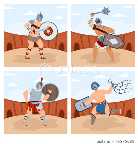 Cards set with gladiators armed with various weapon cartoon vector illustration. 76575039