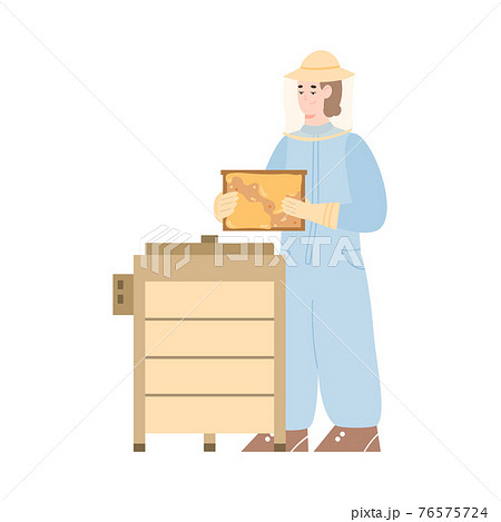 Beekeeper harvesting honey from hive flat cartoon vector illustration isolated. 76575724