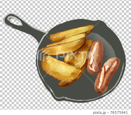 水彩手描きのスキレットで焼いたウインナーとフライドポテトイラスト 塗りのみのイラスト素材