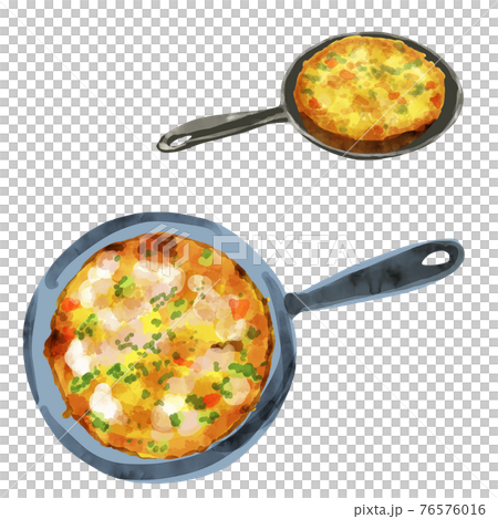 水彩手描きのスキレットで焼いたオープンオムレツイラストセット・塗りのみ 76576016