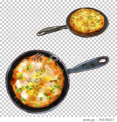 水彩手描きのスキレットで焼いたオープンオムレツイラストセット・主線あり 76576017
