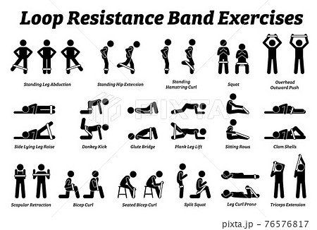 Loop resistance mini band exercises and stretch workout techniques in step by step. Vector illustrations of stretching exercises poses, postures, and methods with loop resistance band. Loop resistance mini band exercises and stretch workout techniques in step by step. Vector illustrations of stretching exercises poses, postures, and methods with loop resistance band. 76576817