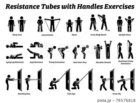 Resistance tubes band with handles exercises and stretch workout techniques in step by step. Vector illustrations of stretching exercises poses, postures, and methods with resistance tube band. Resistance tubes band with handles exercises and stretch workout techniques in step by step. Vector illustrations of stretching exercises poses, postures, and methods with resistance tube band. 76576818