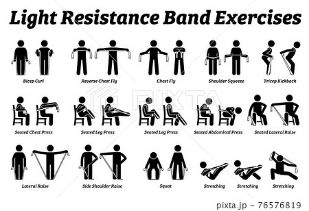 Light resistance band exercises and stretch workout techniques in step by step. Vector illustrations of stretching exercises poses, postures, and methods with resistance band. Light resistance band exercises and stretch workout techniques in step by step. Vector illustrations of stretching exercises poses, postures, and methods with resistance band. 76576819