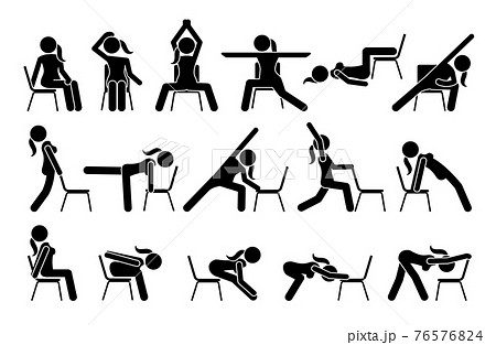 Chair yoga exercises stick figure pictogram icons. Vector illustrations of chair yoga postures, poses, and workout for beginners. 76576824
