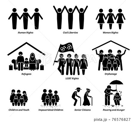 NPO nonprofit organization foundation welfare vector set. Non profit group of human rights, civil liberties, women rights, refugees, LGBT, orphanage, children, senior citizens, and poverty hunger. 76576827