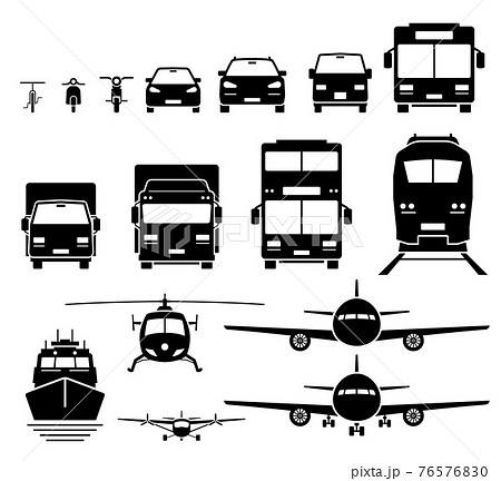 Front view of ground, air, and water transportation vehicles icons set. Vector of bicycle, motorcycle, car, SUV, van, bus, lorry, truck, double decker bus, train, boat, ship, helicopter, and airplane. 76576830