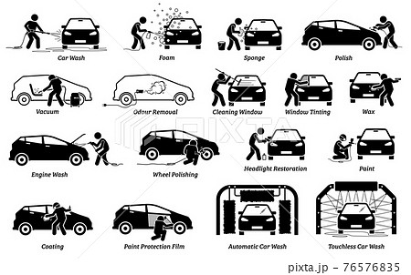 Professional auto car detailer icons set. Vector illustrations of auto car detailing services of car wash, polishing, cleaning, waxing, repainting, ceramic coating, and paint protection film. 76576835