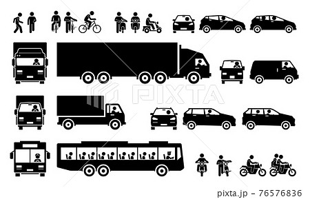 Road transports and transportation icons. Vector cliparts of man walking, cycling bicycle, riding motorbike, motorist driving car, lorry, and van. Many people taking public bus. 76576836