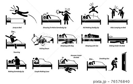 Vector illustrations of things that people do on bed. Cliparts depict man jumping onto the bed. Angry wife and noisy kids waking up a person. People sleeping with cat and dog. Monster hide under bed. 76576840